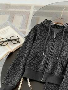 Resyla 2pcs Leopard Print Digital Pattern Casual Hoodie Set, A Gift For Friends - Dark Grey - View 3
