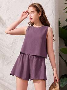 SHEIN Teen Girl's Casual Sleeveless Solid Light Purple Textured Fabric Set, Spring/Summer - Dusty Purple - View 1