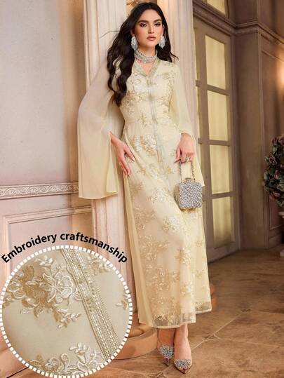 Al Najma 女士优雅派对纯色蕾丝拼接阿拉伯风格连衣裙