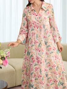 Yasmyna Camisa larga estampada con botones y cuello vuelto, multicolor, modesta, estilo de Oriente Medio para otoño - Multicolor - Ver 3