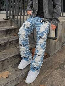 Manfinity EMRG Jeans con estampado de letras y dobladillo deshilachado en capas para hombre - Lavado ligero - Ver 3