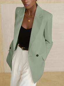 Aveloria Modichic 女士商务风纯色双排扣西装外套，适合通勤和秋季穿着 - 綠色 - 查看 3
