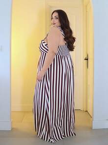 Pretty and Ole 女士优雅无袖条纹中长连衣裙，夏季 - 咖啡棕 - 查看 6