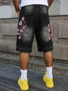 Street Life Men's Floral Embroidery Pocket Distressed Casual Denim Shorts - Black - View 4