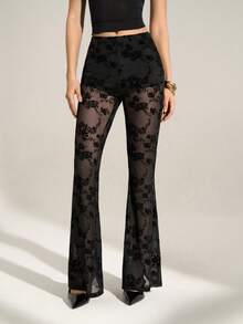 SHEIN Tall 女士性感植绒透视网纱喇叭裤，黑色裤子 - 黑色 - 查看 2