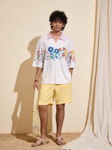 Felipe Marques Áo thun nam cổ polo tay ngắn dáng rộng in hoa, cổ chữ V, màu hồng, thích hợp cho mùa thu, đông, xuân, dự tiệc, kỳ nghỉ, khu nghỉ dưỡng biển, phong cách Bohemian. - Màu be - Xem 4