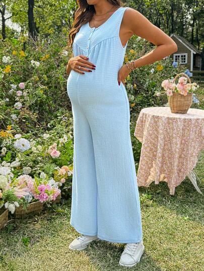 SHEIN Mono de lactancia informal de verano para vacaciones y uso diario, de tela texturizada, de un solo color, con botones delanteros y sin mangas, holgado