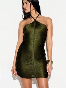 KIZN Metallic Halter Neck Mini Dress With Cross Front Detail And Bodycon Silhouette For Party Evening Occasions - Army Green - View 1