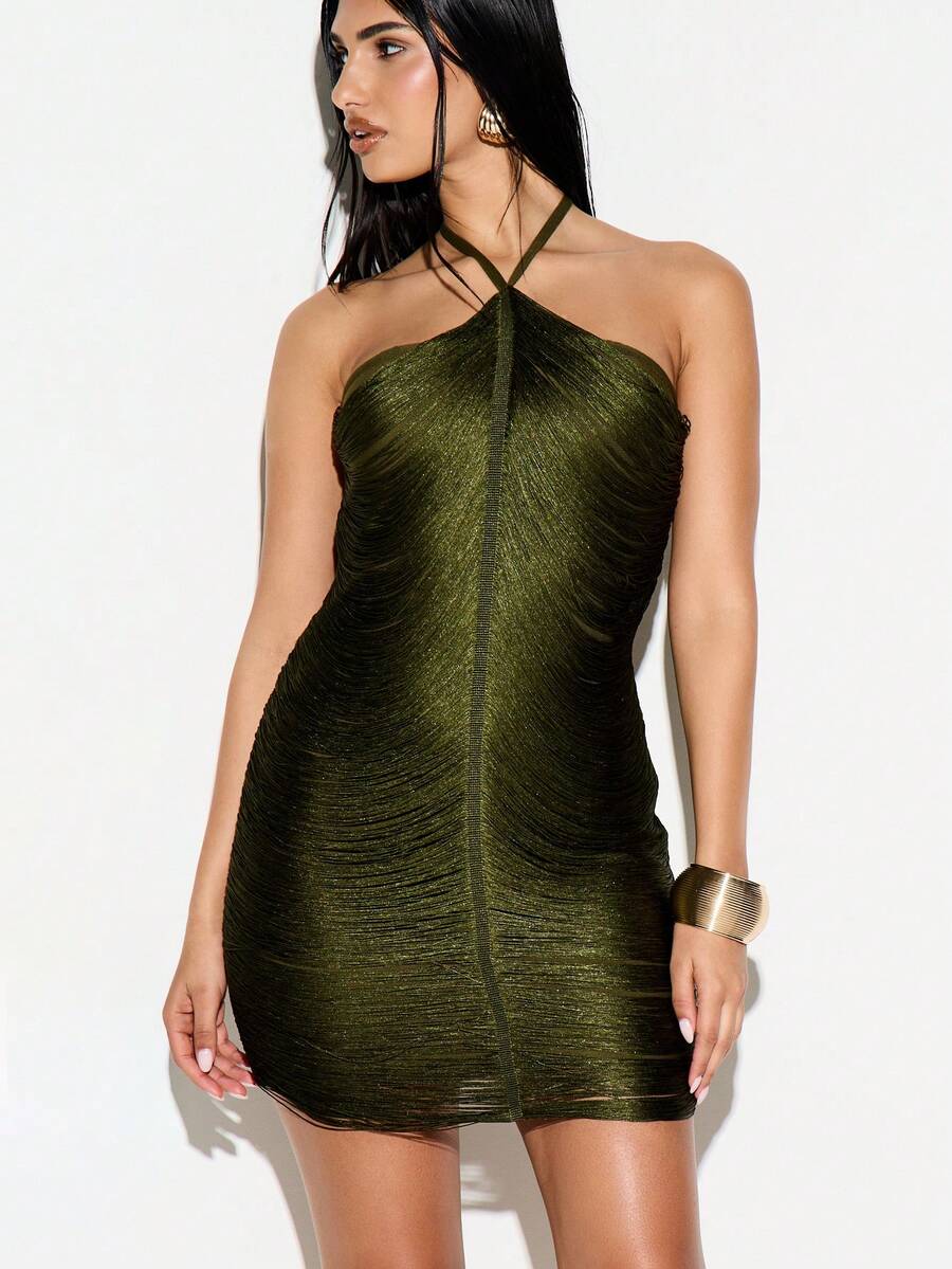 KIZN Metallic Halter Neck Mini Dress With Cross Front Detail And Bodycon Silhouette For Party Evening Occasions - Army Green - View 1