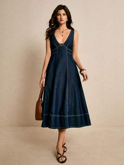 Poéselle Women's Denim Dress, Solid Color, Deep V-Neck, Casual Sleeveless Long Denim Dress, Dark Blue Dress  Summer Dresses Summer Outfit For Women Spring Clothing Elegant Dresses For Party Beach Dress Wedding Party Dress Birthday Dress Prom Dress Elegant Dresses For Women Vacation Dress Casual Dresses For Women Graduation Dress Holiday Casual Outfit For Women