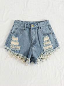 SHEIN EZwear 女士休闲做旧牛仔短裤，带口袋和毛边裤脚，适合日常穿着 - 藍色 - 查看 3