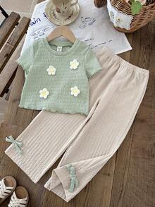 SHEIN LMoss Kids 女童法式优雅3D立体花卉圆领短袖T恤和阔腿裤套装 - 彩色 - 查看 6