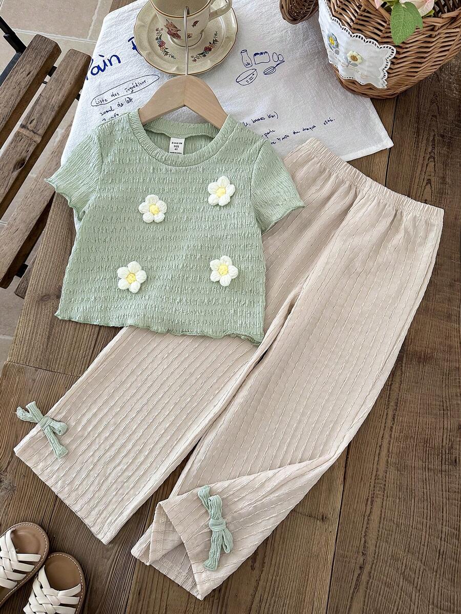 SHEIN LMoss Kids 女童法式优雅3D立体花卉圆领短袖T恤和阔腿裤套装 - 彩色 - 查看 1