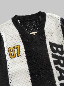 ROMWE MEN Men's Street Style Black & White Contrast Mesh Short Sleeve Knit Top - Black and White - View 4