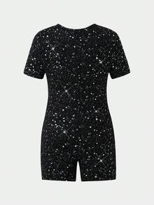 SHEIN 女童圆领短袖黑色亮面连体裤 - 彩色 - 查看 4