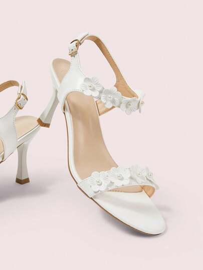 CUCCOO DOLLMOD Women's White Round Toe Pearl & Camellia Hollow Out Heeled Sandals, Cute Casual Commuter Vacation Shoes