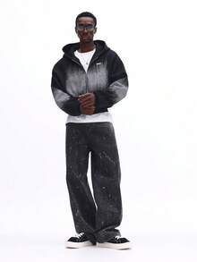 SUMWON Men's Oversized Full Zip Hoodie Black Linear Gradient Print Streetwear Urban Casual Winter Jacket - Black - View 5