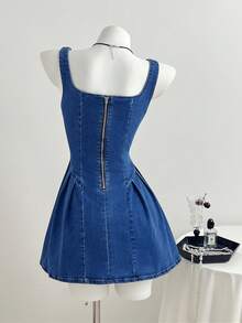 Elamini 时尚休闲修身A字牛仔连衣裙 - 中等水洗藍 - 查看 2