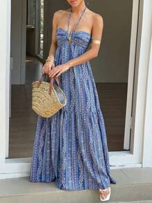 Sunnyshic Đầm maxi in họa tiết tối giản dành cho nữ, thích hợp mặc hàng ngày. - Blue Day - Xem 4