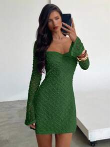 Aloruh Women's Elegant Square Neck Ruched Flare Sleeve Fitted A-Line Mini Dress, Textured Fabric - Green - View 7