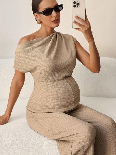 MaterniWear Maternity Clothes Maternity Jumpsuit Elegant Office Attire For Commuting Summer Khaki Asymmetrical Shoulder Short-Sleeved Wide-Leg Elegant Jumpsuit, Women's Maternity Jumpsuit, Elegant Jumpsuit, One-Shoulder Jumpsuit, Beige Jumpsuit.