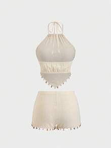 TRNVIE Women's Textured Fabric Halter Backless Shell Tassel Camisole And High Waisted Shorts,Apricot,Summer,Boho,Beach,Holiday Patchwork Outfit - Beige - View 2