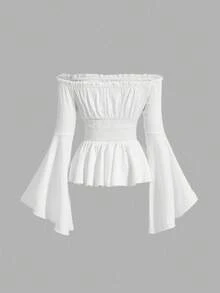 SHEIN MOD Plus Size Hollow Out Flared Sleeve Contrast Tie Corset Waist Vintage Blouse, Fall Top - Black and White - View 2