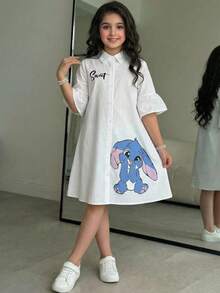 SHEIN Tween Girls' Loose Casual Minimalist Comfortable Collared Dress - Red and White - View 3