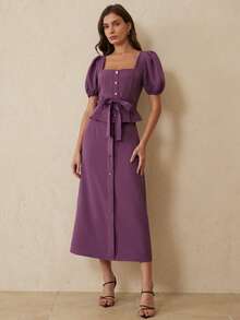 Revavyn 2pcs Set: Elegant Square Neck Collar Belted Top With Metal Buckle + Single-Breasted Maxi Skirt - Purple - View 6