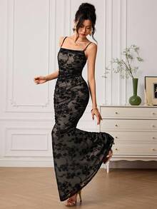 EastFlair Đầm maxi đuôi cá hai dây bằng vải lưới họa tiết hoa thanh lịch dành cho nữ, thích hợp cho mùa hè. - màu đen - Xem 3