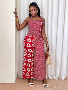 Xyvia 2pcs Women's Digital Print Camisole Top With Ruched Design And Wide Leg Pants Set, Elegant And Chic, Suitable For Birthday, Date, Party, Vacation, Valentine's Day, Labor Day, Easter, Travel, Spring/Summer - Red and White - View 3