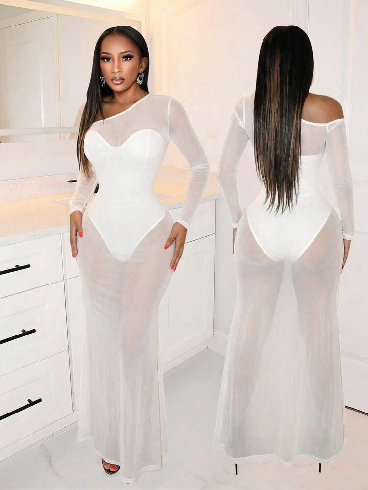 SHEIN BamGlam The New Style Sexy Off-Shoulder Sheer Transparent Women's Fish Tail Dress Long Dress, Exudes A Sense Of Sexiness And Allure. It Is Suitable For Nightclubs, Dates, And Is Also A Great Choice For Couples' Meetings And Casual Wear. - White - View 3