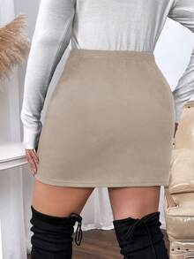 Vionelle Casual Plus Size Mini Bodycon Skirt Apricot Woven Fabric With Stylish Button Front Design - Apricot - View 2