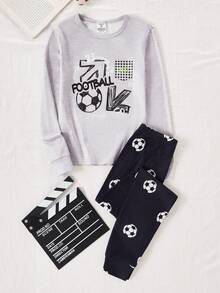 Bộ đồ mặc nhà 2 món cho bé trai, thoải mái, in chữ và hình quả bóng đá, gồm áo dài tay cổ tròn ôm sát và quần dài. - Xám - Xem 7
