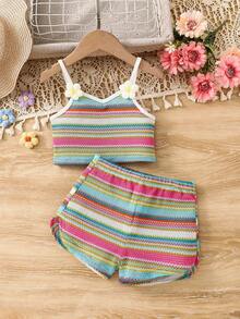 Emery Rose Kids Emery Rose Kids 两件套女童提花针织吊带背心和短裤套装 - 彩色 - 查看 5