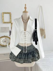 Elamini Women's White Deep Shirred Cinched Waist Drawstring Shirt, Fashionable Casual Versatile Blouse For Outings, Dates, Street Style, Spring/Summer - White - View 1