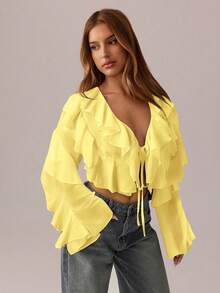 SHEIN SXY Áo đen; Trang phục nữ mùa thu; Áo croptop; Áo dài tay gợi cảm màu đen lưới xuyên thấu, dây đeo hình lá sen, cổ chữ V sâu dành cho nữ, thích hợp cho các buổi tiệc tùng, lễ hội. - Màu vàng - Xem 3
