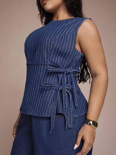 Auralis Plus Size Women Striped Knot Design Round Neck Casual Versatile Everyday Denim Top Spring To Summer Carnival Costume Commuting Vacation Graduation Chic Y2k Cute Streetwear Party Wedding Elegant Business Casual Woman Chic Plus Size Denim Sleeveless Blouse With Pinstripe And Adjustable Tie