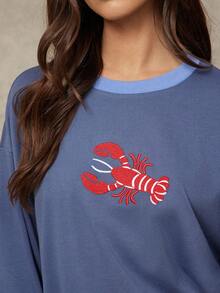 WESTFADE Lobster Embroidered Contrast Crewneck Long Flare Sleeve Oversized T-Shirt - Navy Blue - View 2