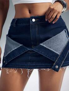 Denimoi Minifalda de mezclilla con dobladillo crudo y solapa delantera, atuendos de moda para conciertos, faldas sexys - Azul lavado oscuro - Ver 1