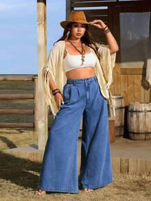 EMERY ROSE Plus Size Women Casual Vacation Daily Commute Versatile Pleated Loose Wide-Leg Jeans - Medium Wash - View 6