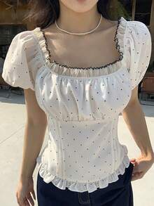 DAZY 女士撞色波点印花方领短袖衬衫夏季娃娃衫 - 白色 - 查看 5