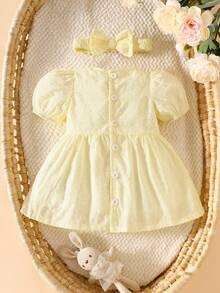 2件套新生女宝宝夏季纯棉甜美浅黄色提花泡泡袖连衣裙+蝴蝶结前发带 - 黃色 - 查看 2