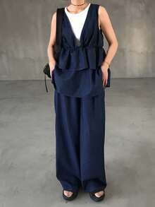 FRIFUL Women's Fashion Double Ruffle Hem Camisole & Denim Pants Set - Black - View 6