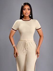 SOLERSUN Women's Summer Casual Multi-Contrast Color Crew Neck Top And Trousers Set Daily Casual Fall Clothes For Women Casual Women Outfits - Khaki - View 7