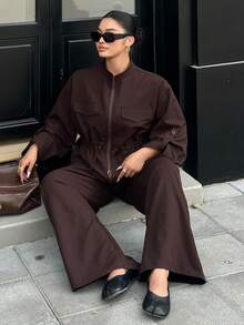 Livesso 大码纯色落肩长袖拉链抽绳腰休闲时尚两件套家居服套装（女款） - 咖啡棕 - 查看 3