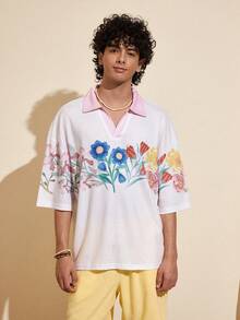 Felipe Marques Áo thun nam cổ polo tay ngắn dáng rộng in hoa, cổ chữ V, màu hồng, thích hợp cho mùa thu, đông, xuân, dự tiệc, kỳ nghỉ, khu nghỉ dưỡng biển, phong cách Bohemian. - Màu be - Xem 3