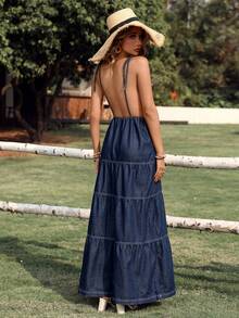 Breezaya Women's Backless Spaghetti Strap Extra Long Denim Dress, Vacation - Dark Wash - View 2