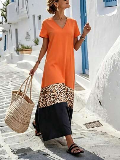 EMERY ROSE Vestido largo informal de verano para mujer con mangas cortas, bloque de color y estampado de leopardo