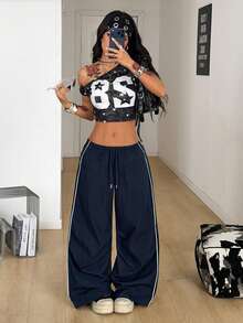 Coolane Pantalones de paracaídas con bloques de color para salir y conciertos de primavera y verano para mujeres - Azul - Ver 7